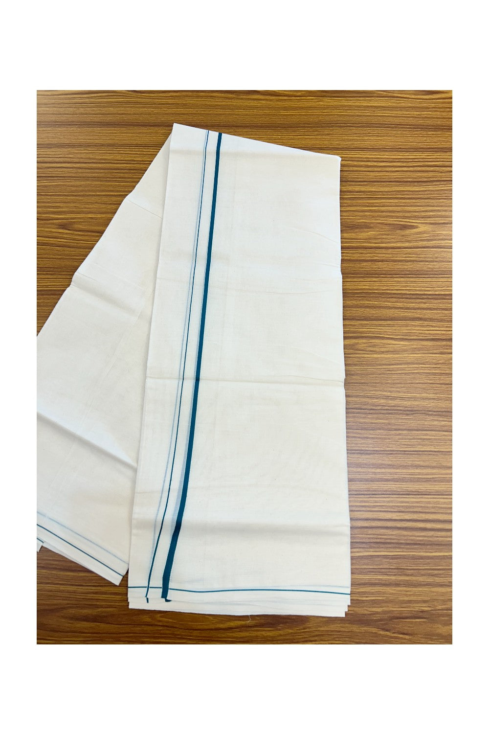 KaithariKada Balaramapuram 100% Cotton Double OFF WHITE (unbleached) Mundu/Dhoti- 60s - 0.5 cm Bottle Green thin Kara 4 mtr (8.5 muzham) - 82KK5227 PMC