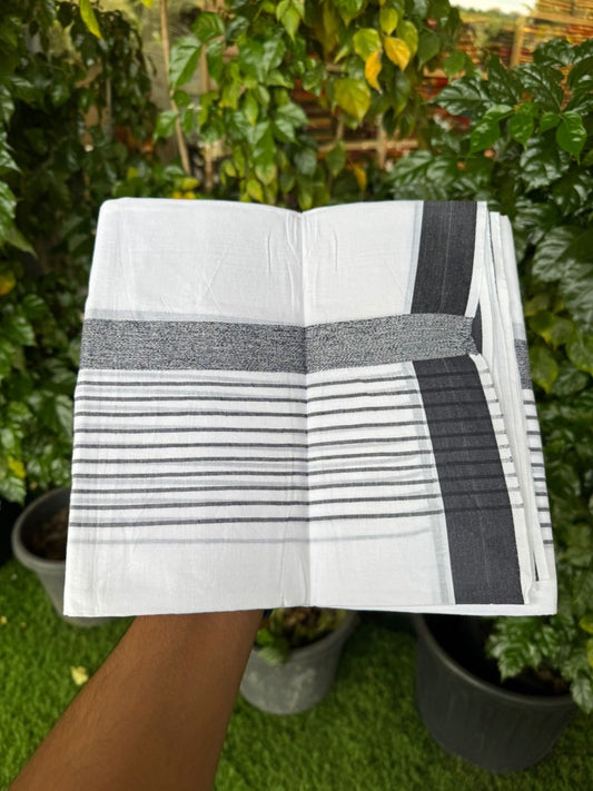 Pure White Double 20% Discount! KaithariKada 100% Cotton Pure Cotton Double Mundu / Dhoti - 100x80 - 5 inch Black Stripes Shaded Kara 3.80 meter (8 muzham) - 84 KK5220 THI