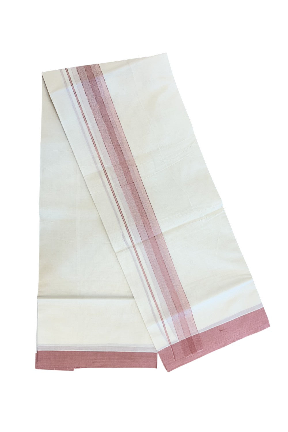 KaithariKada Balaramapuram 100% Cotton Double Off White (unbleached) Mundu/Dhoti- 100x80 - 1.75 inch Dusty Rose Design Kara 4 mtr (8.5 muzham) - 83KK5227 PMC