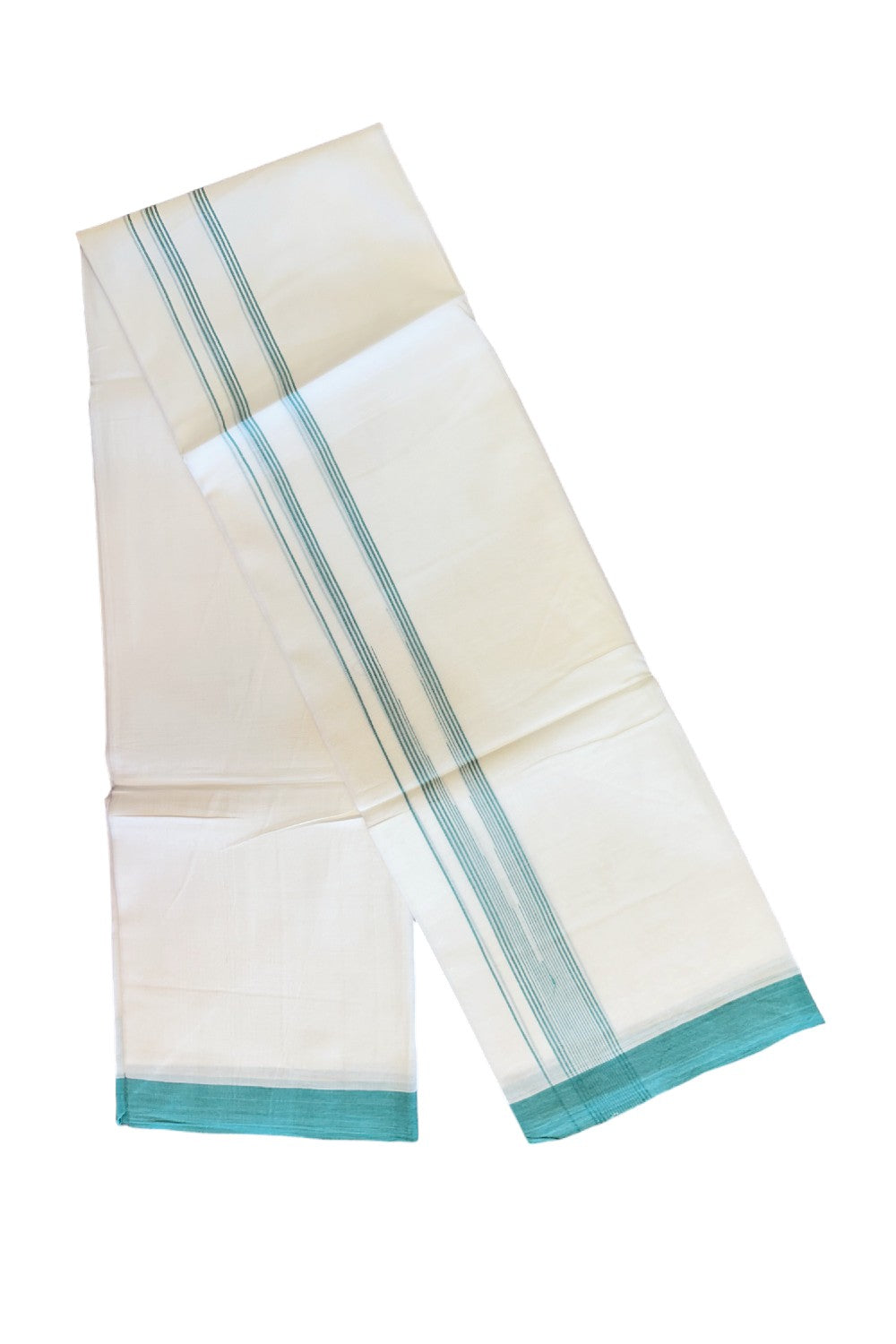 22% DISCOUNT!! Kaitharikada Balaramapuram 100% Cotton PURE WHITE Double Mundu/Dothi-100x100  2 Inch Turquoise Green STRIPED Cotton Kara 3.80m (8 Muzham) - 84KK74RAM