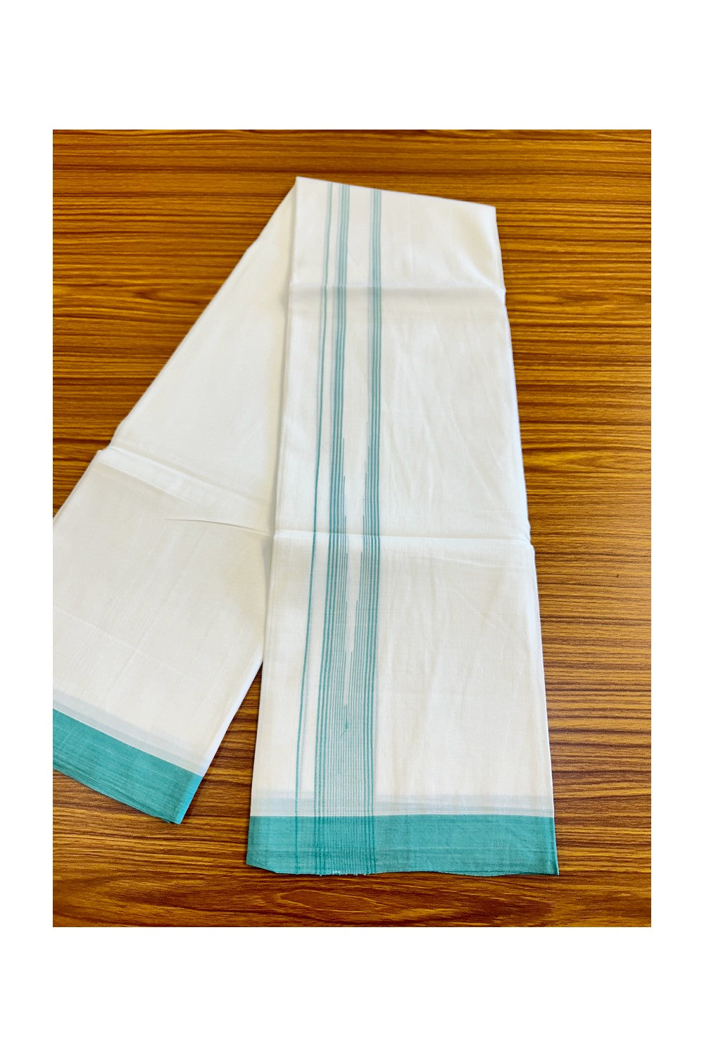 22% DISCOUNT!! Kaitharikada Balaramapuram 100% Cotton PURE WHITE Double Mundu/Dothi-100x100  2 Inch Turquoise Green STRIPED Cotton Kara 3.80m (8 Muzham) - 84KK74RAM
