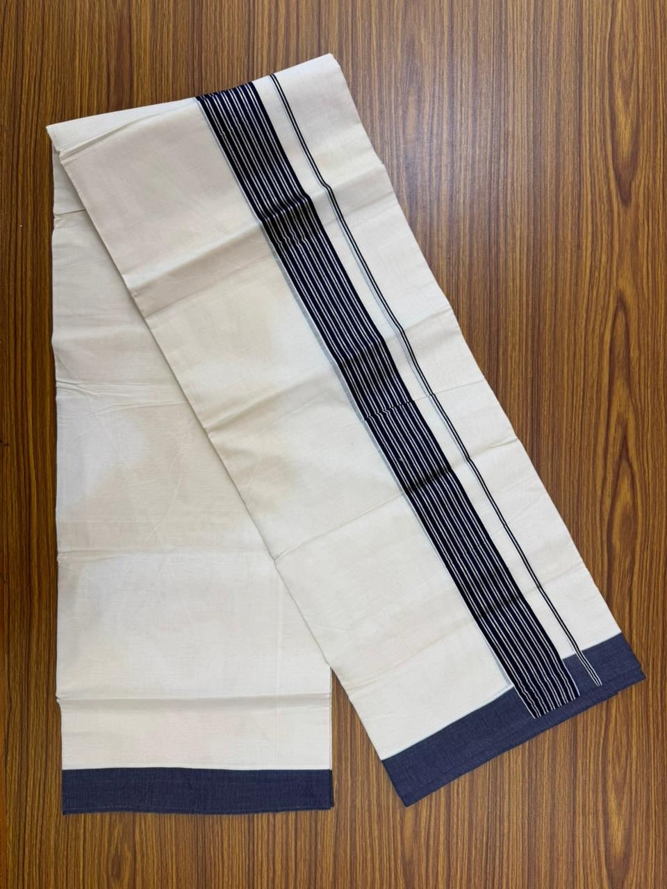20% Discount! KaithariKada Balaramapuram 100% Cotton Off white Double Mundu/Dhoti - (100x80)S - 1.75 inch Navy Blue & Silver Kasav Striped Kara - 4mtr (8.5muzham) - 83 KK5255 VAS