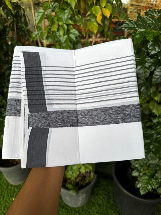 Pure White Double 20% Discount! KaithariKada 100% Cotton Pure Cotton Double Mundu / Dhoti - 100x80 - 5 inch Black Stripes Shaded Kara 3.80 meter (8 muzham) - 85 KK5220 THI