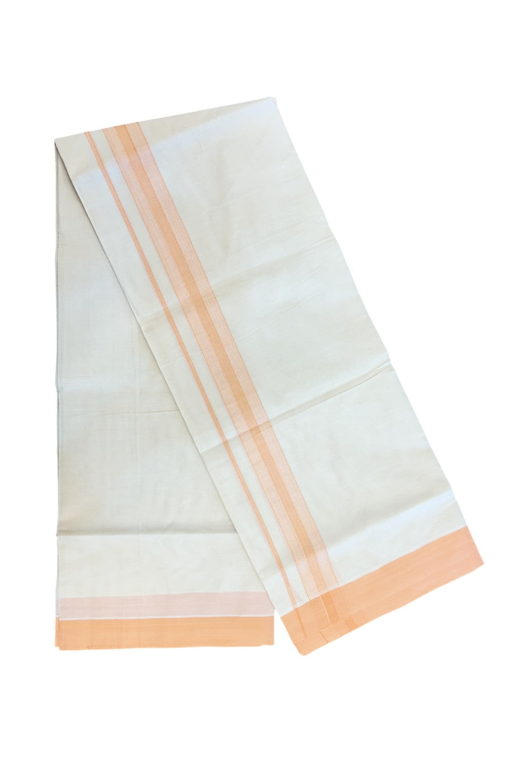 KaithariKada Balaramapuram 100% Cotton Double OFF WHITE (unbleached) Mundu/Dhoti- 100x80 - 1.75 inch Pastel Orange Design Kara 4 mtr (8.5 muzham) - 84KK5227 PMC