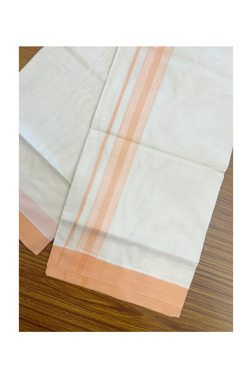 KaithariKada Balaramapuram 100% Cotton Double OFF WHITE (unbleached) Mundu/Dhoti- 100x80 - 1.75 inch Pastel Orange Design Kara 4 mtr (8.5 muzham) - 84KK5227 PMC