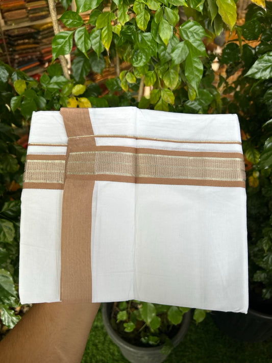 Pure White Double 20% Discount! KaithariKada 100% Cotton Pure Cotton Double Mundu / Dhoti - 100x80 - 1.5 inch Brown Jacquard Silver Kasav Kara 3.80 meter (8 muzham) - 86 KK5220 THI