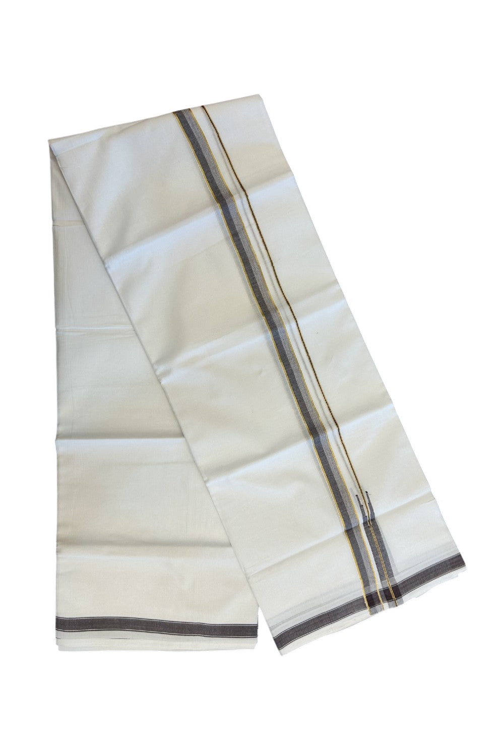 20% DISCOUNT!! Kaitharikada Balaramapuram 100% Pure Cotton PURE WHITE Double Mundu/Dothi - 100x80 - 0.75 Inch Dark Brown & Gold Kasavu shaded Stripes Puliyilakkara Chutty - 84KK5217 CKS