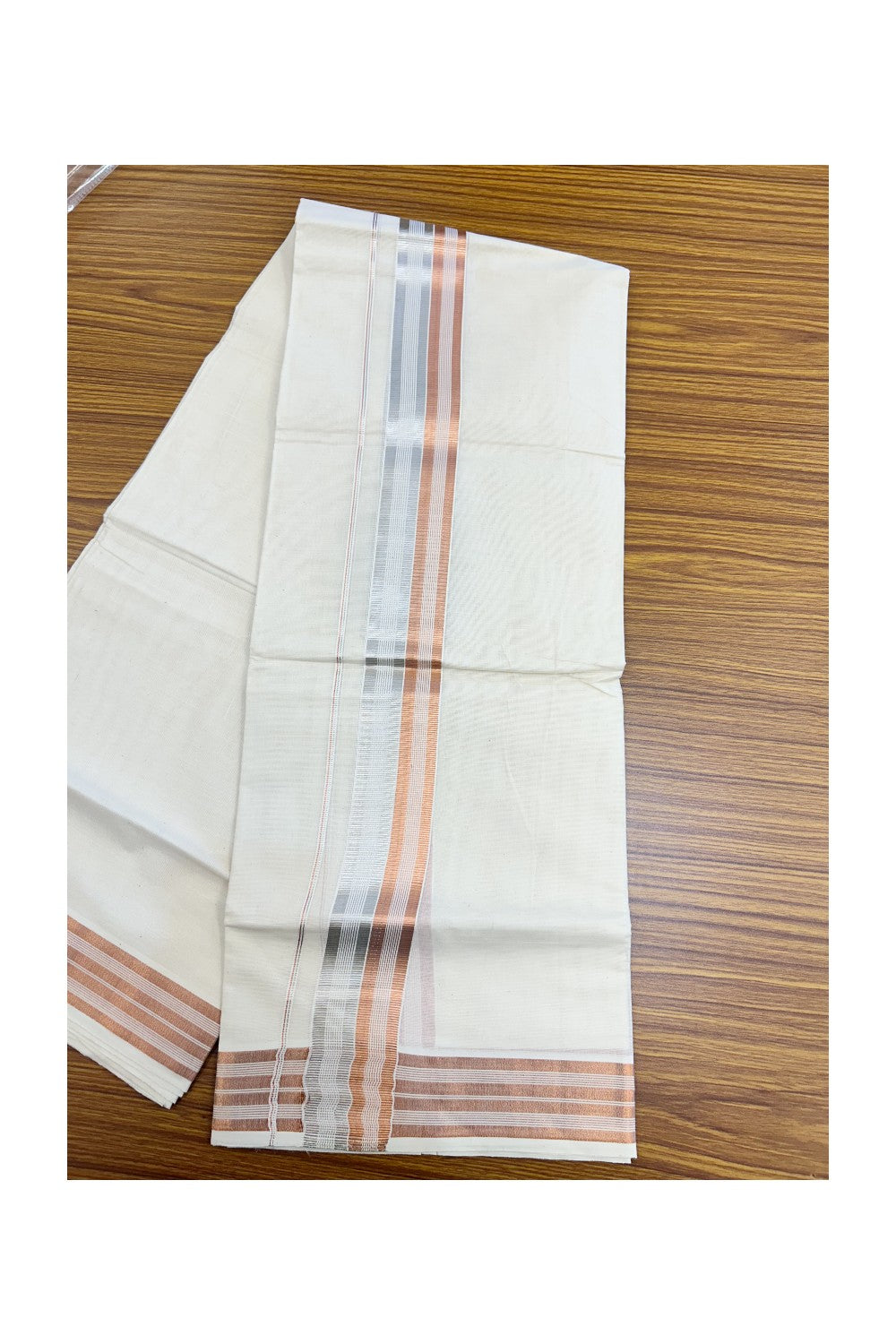 20% DISCOUNT!! KaithariKada Balaramapuram DOUBLE OFF WHITE - (Ubleached) Mundu/Dhoti - Cotton mix 80x72 - 2 inch Copper Kasavu & Silver Kasavu Stripes Kara - 86KK5217 CKS