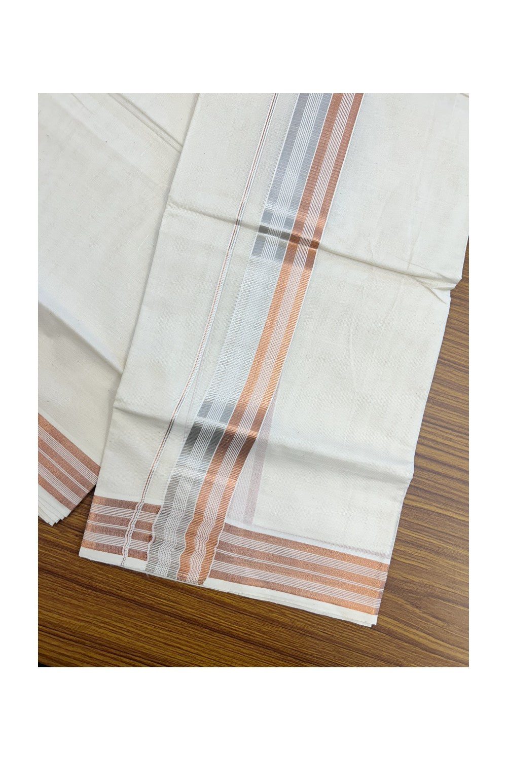 20% DISCOUNT!! KaithariKada Balaramapuram DOUBLE OFF WHITE - (Ubleached) Mundu/Dhoti - Cotton mix 80x72 - 2 inch Copper Kasavu & Silver Kasavu Stripes Kara - 86KK5217 CKS