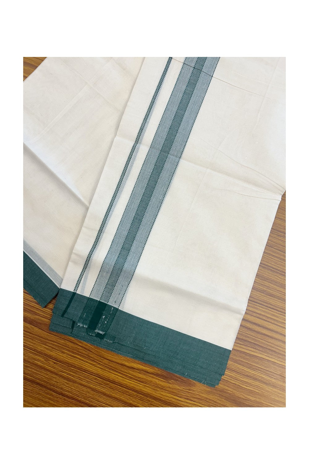 KaithariKada Balaramapuram 100% Cotton Double OFF WHITE (unbleached) Mundu/Dhoti- 100x80 - 1.75 inch Dark Green Design Kara 4 mtr (8.5 muzham) - 85KK5227 PMC