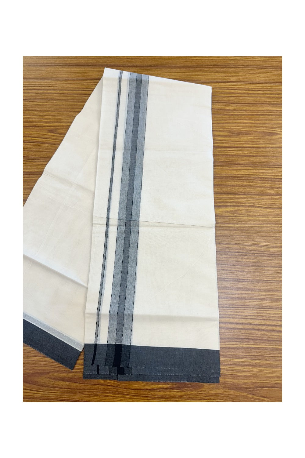 KaithariKada Balaramapuram 100% Cotton Double Off White (unbleached) Mundu/Dhoti- 100x80 - 1.75 inch Black Shaded Design Kara 4 mtr (8.5 muzham) - 86KK5227 PMC