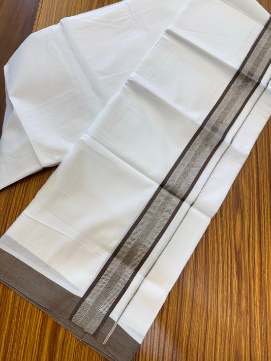 Pure White Double 20% Discount! KaithariKada 100% Cotton Pure Cotton Double Mundu / Dhoti - 100x80 - 1.5 inch Dark Brown Jacquard Silver Kasav Kara 3.80 meter (8 muzham) - 87 KK5220 THI