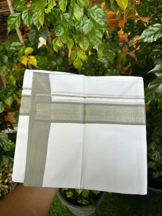 Pure White Double 20% Discount! KaithariKada 100% Cotton Pure Cotton Double Mundu / Dhoti - 100x80 - 1.5 inch Ash Green Jacquard Silver Kasav Kara 3.80 meter (8 muzham) - 88 KK5220 THI