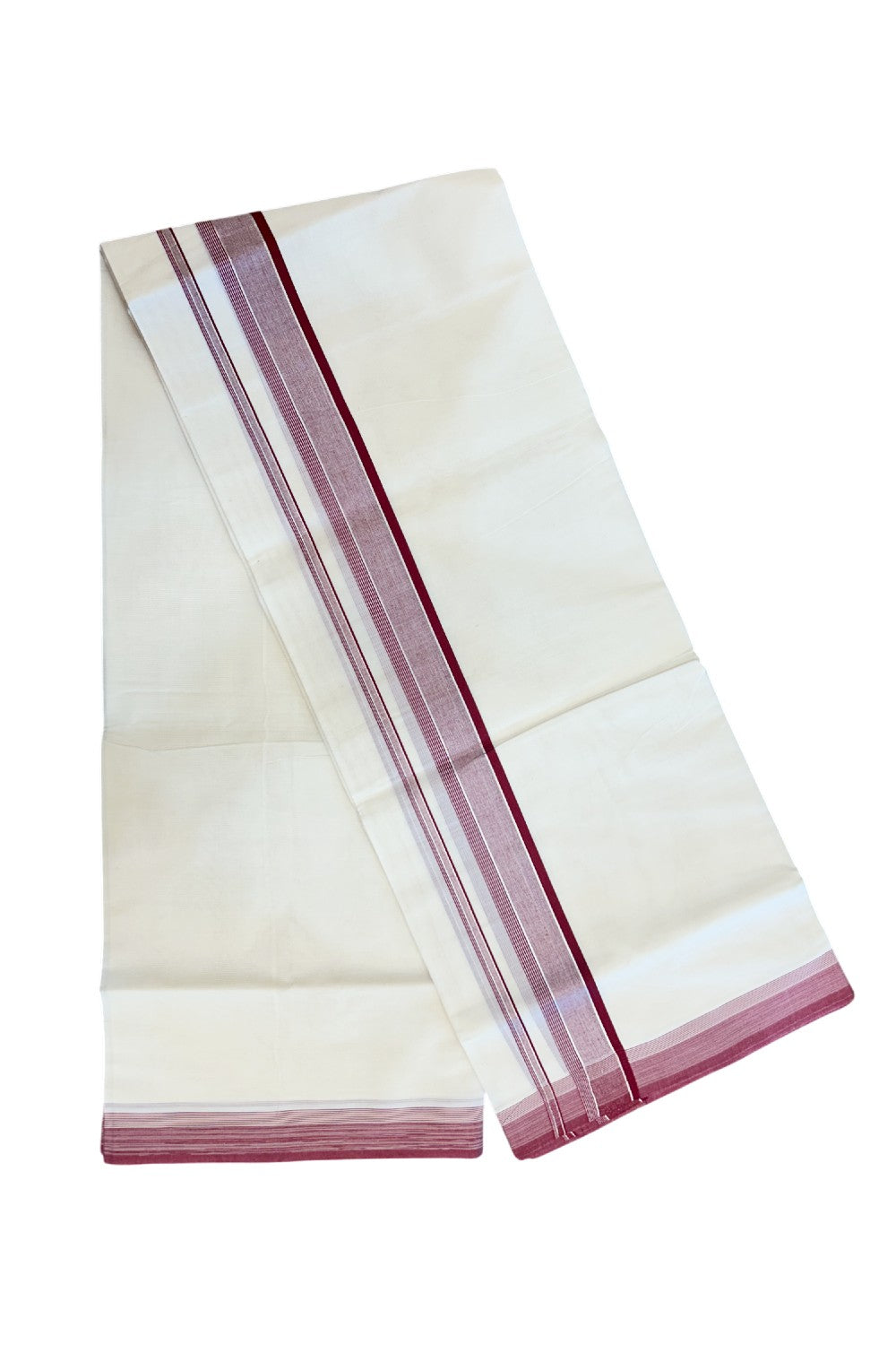 20% DISCOUNT! KaithariKada Balaramapuram 100% Cotton Double OFF WHITE (unbleached) Mundu/Dhoti- 100x80- 1.75 inch Silver Kasavu & Maroon Red Stripes Shaded Kara 4 mtr (8.5 muzham) - 87KK5227 PMC