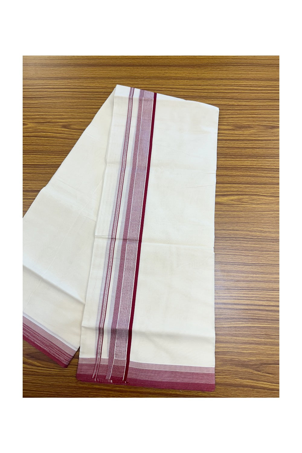 20% DISCOUNT! KaithariKada Balaramapuram 100% Cotton Double OFF WHITE (unbleached) Mundu/Dhoti- 100x80- 1.75 inch Silver Kasavu & Maroon Red Stripes Shaded Kara 4 mtr (8.5 muzham) - 87KK5227 PMC