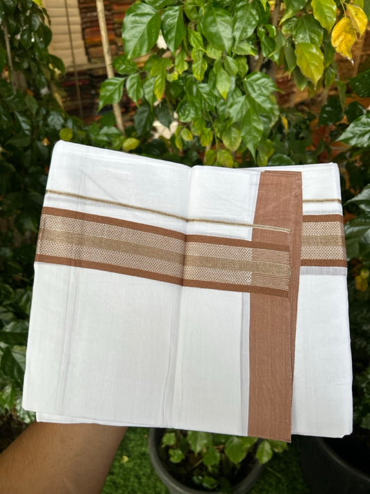 Pure White Double 20% Discount! KaithariKada 100% Cotton Pure Cotton Double Mundu / Dhoti - 100x80 - 1.5 inch Brown Jacquard Silver Kasav Kara 3.80 meter (8 muzham) - 89 KK5220 THI