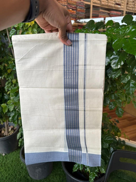 20% Discount! KaithariKada Balaramapuram 100% Cotton Off white Double Mundu/Dhoti - (100x80)S - 1.75 inch Steel Blue & Silver Kasav Striped Kara - 4mtr (8.5muzham) - 80 KK5255 VAS