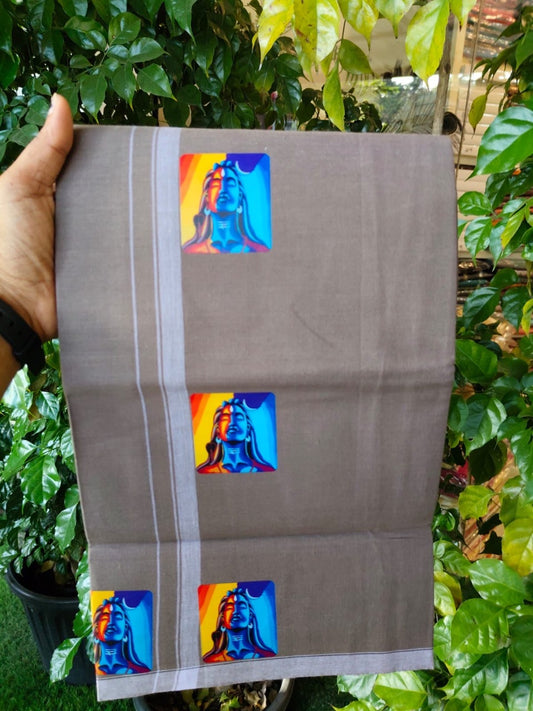 9% Discount !! Kaitharikada Pure Cotton - Single Kaily / Lungi - (40s) - Printed Shiva Design & 0.5 inch White kara with Grey colour body (2 meter / 4 muzham) - 6 KK8028 GAN