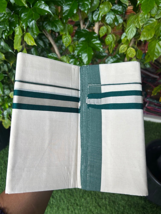 25% Discount!!! KaithariKada HANDLOOM MILLPAAV Balaramapuram - 100% PURE Cotton OFF WHITE (Unbleached) Double Mundu/Dhoti - 80x90 - 1.25 inch Silver kasavu striped Green kara  4 Mtr (8.5 Muzham) - 9KK5235 YAR