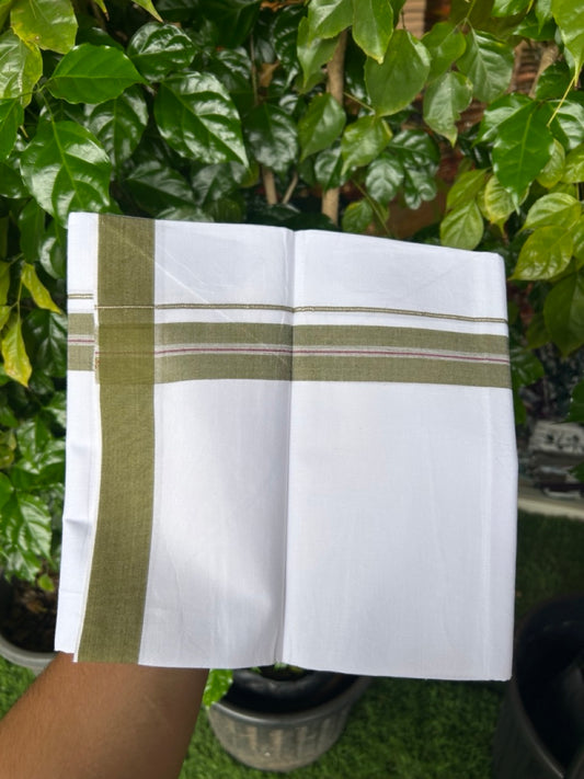 24% Discount !! KaithariKada Balaramapuram 100% Cotton Pure white Single Mundu/Dhoti - Twisted 60s Thread- 1.25 inch Silver Kasavu Olive Green & Purple Shaded Striped Kara (2 meter / 4 muzham) - 9KK5241 GL