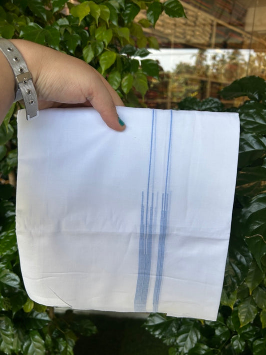 20% DISCOUNT!! NEW!! KaithariKada Balaramapuram 100% Cotton PURE WHITE Double Mundu/Dhoti - (100x80)s - 0.75 inch Blue Line chutty - 9 KK5249 VIN