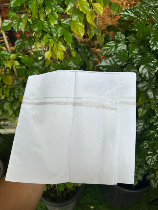 20% Discount ! NEW! KaithariKada Balaramapuram 100% Cotton Pure white Double Mundu/Dhoti - (100x80)s - 0.25 Silver Kasav Shaded - 9 KK5252 CKS