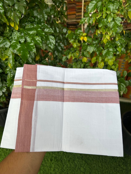 Short Dhoti Special - 28% Discount ! KaithariKada 100% Cotton Pure White Double Mundu / Dhoti - 100x80 - 45 inch Height 3.80 m Length  1.5 inch Brown Maroon Silver Kasav kara - 9 KK 5256 THI