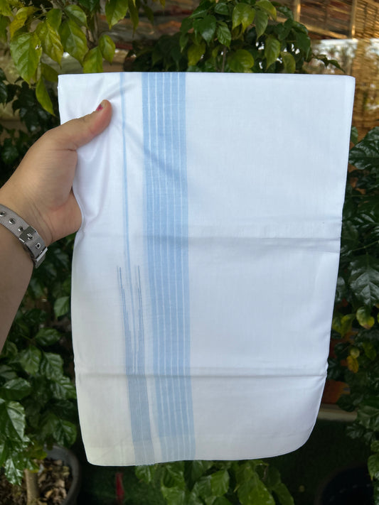 24% Discount! KaithariKada Balaramapuram 100% Cotton Pure white Double Mundu/Dhoti - (100x80)s - 1.5 inch Puliyilakkara Sky Blue Stripes Chutty - 109 KK5258 THI