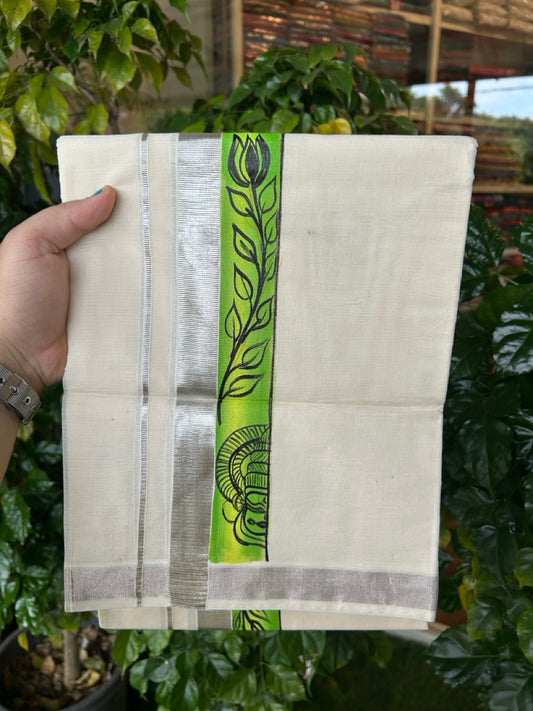 24% Discount! KaithariKada 100% Cotton Double Off white - (Ubleached) Mundu / Dhoti - 100x80 1 inch Silver Kasavu & Hand Painted Flower Kathakali - 9 KK5259 CKS