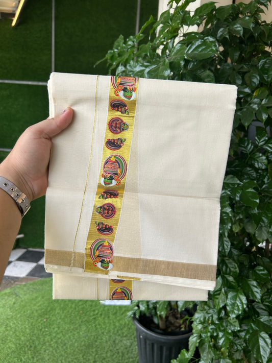 25% Discount!! KaithariKada Balaramapuram Mixed Cotton Double Off white - (Ubleached) Mundu/Dhoti - 80x72 - 1.25 inch Kasavu & Kathakali Printed Design Kara - 9 KK5262 MUT