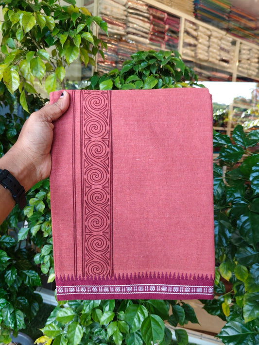 8% Discount!!! Kaitharikada Mixed Cotton Single KAVI - Kaily / Lungi - 3.25 inch Maroon Tribal Kuppadam Border (2 meter / 4 muzham) - 9KK8027 AS