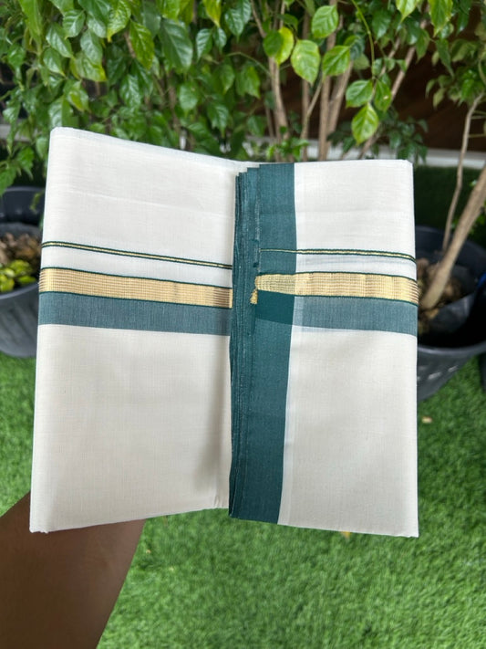 31% DISCOUNT!! KaithariKada HANDLOOM Millpaav Balaramapuram - 100% PURE Cotton OFF White Double - (Unbleached) Mundu/Dothi - 1.75 Inch Gold Kasav Green kara - 9kk5153RAM