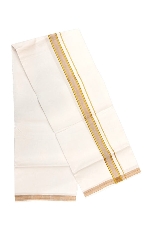 30% OFFER! KaithariKada 100% Cotton Balaramapuram HANDLOOM Single  PURE WHITE Mundu/Dhoti - 1.75 inch (2 meter / 4 muzham) Light Brown Kasavu Kara & Stripes - 9KAI.