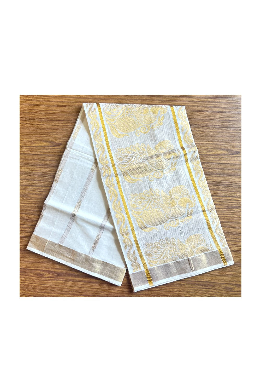 23 % Discount!!! Kaitharikada Kerala Cotton Saree Off white  - 30 inch Kasav Zari with Peacock Pattern Putta Design- 9KK1002JEE