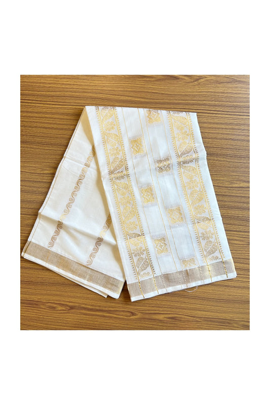 25% Discount! Kaitharikada Kerala Cotton Saree Off white - 12 inch Kasavu Saree with Flower Pattern putta Design - 9KK1003HAR