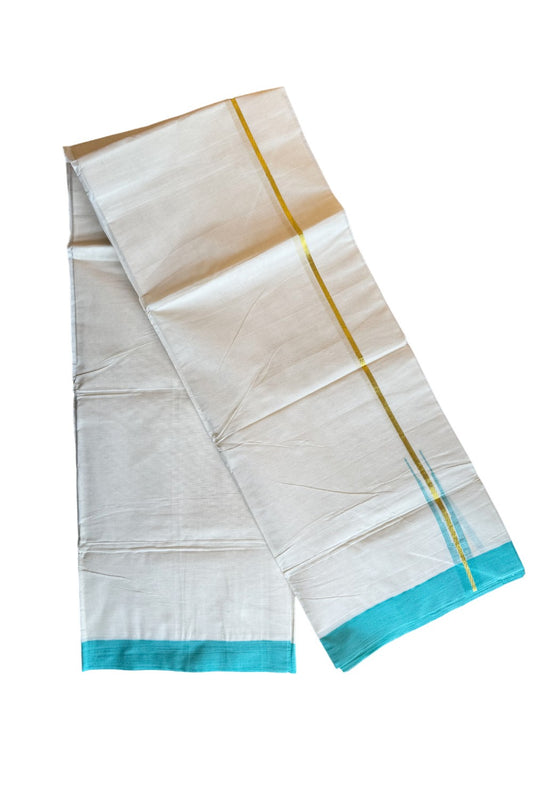 29% DISCOUNT!!! KaithariKada Balaramapuram 100% Cotton  Off white Double - (Unbleached) Mundu/Dhoti-100x100  Kasavu Puliyilakkara 0.75 Inch Turquoise Chutty -  9KK206VIN