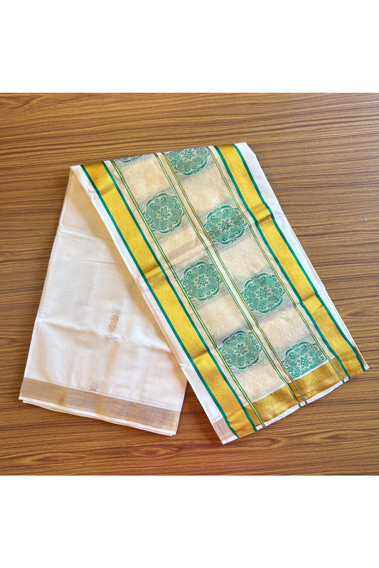 25% Discount! Kaitharikada Kerala Saree - Cotton Off white - 12 inch Kasavu Zari with Green Paisley Embroidery-9KK300VIN