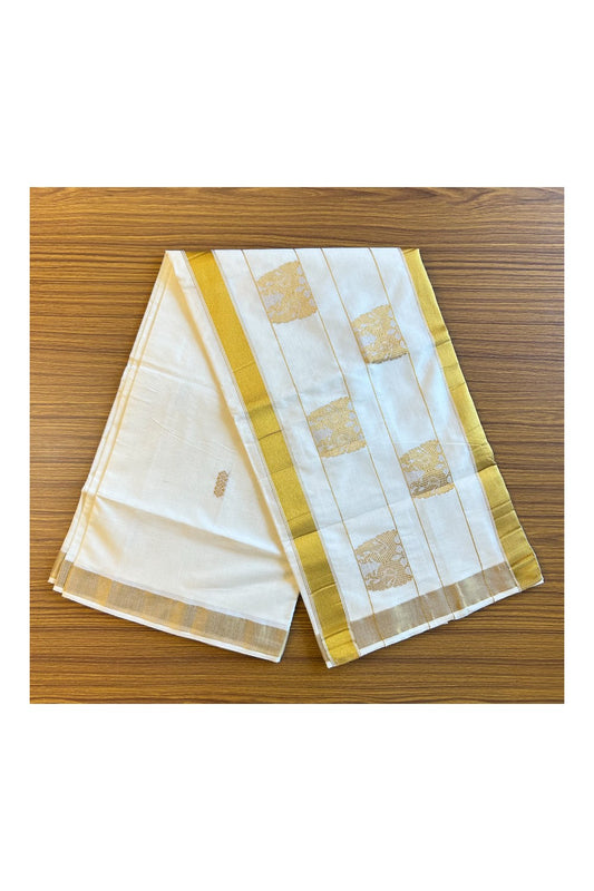 25% Discount! Kaitharikada Kerala Cotton Saree Off white - 12 inch Kasavu Zari with Peacock Pattern putta Design - 9KK303VIN