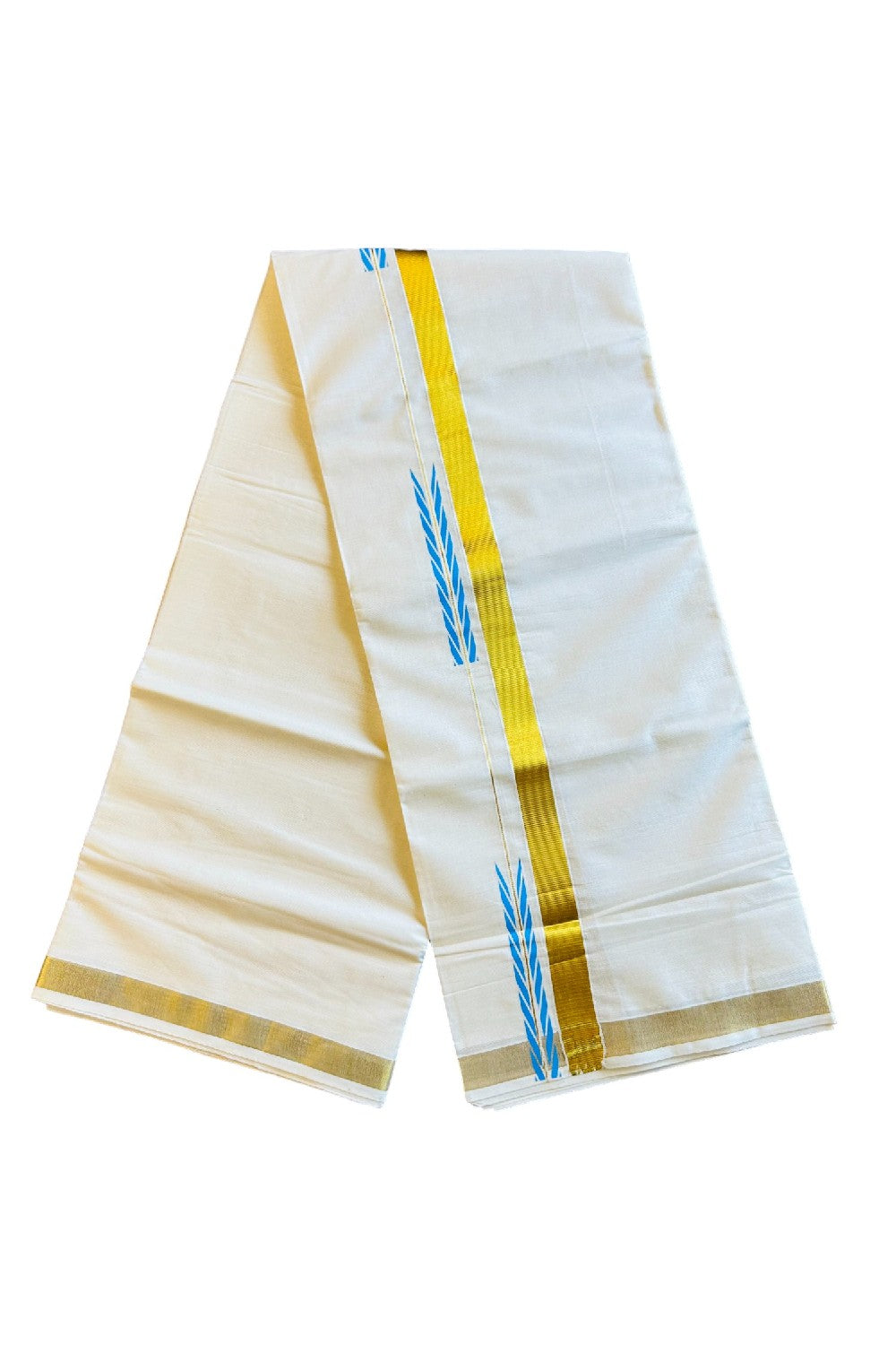 15% DISCOUNT!!! KaithariKada Balaramapuram 100%  Cotton off white Double - (Unbleached) Mundu/Dhoti - 80X72  GOLD KASAVU & Sky Blue CHUTTY Kara - 9KK402VIN