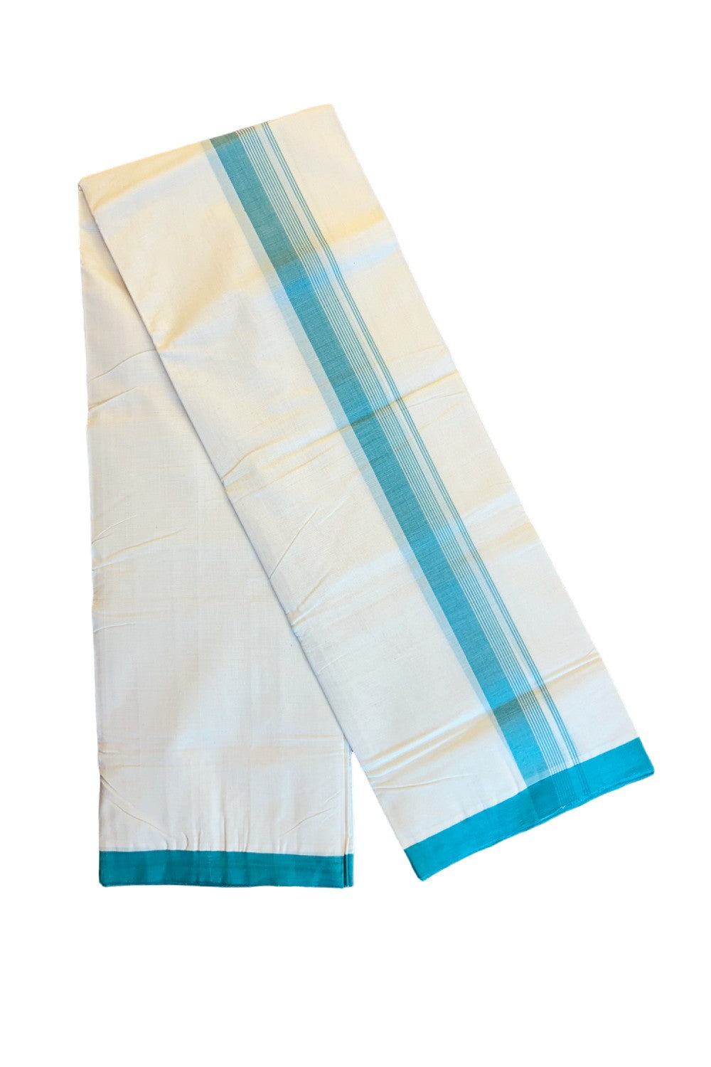 30% DISCOUNT!! KaithariKada HANDLOOM Millpaav Balaramapuram - 100% PURE Cotton OFF White (Unbleached) Double Mundu/Dothi - 2 inch Blue green side striped kara 3.75 meters (8 Muzham) - 9KK409RAM