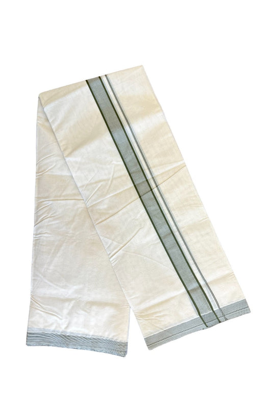 37% DISCOUNT! KaithariKada Balaramapuram 100% Cotton Double Off white (Unbleached) Mundu/Dhoti-100x100 LIGHT SAGE GREEN 2 inch  Stripes Kara- 9KK417ASH