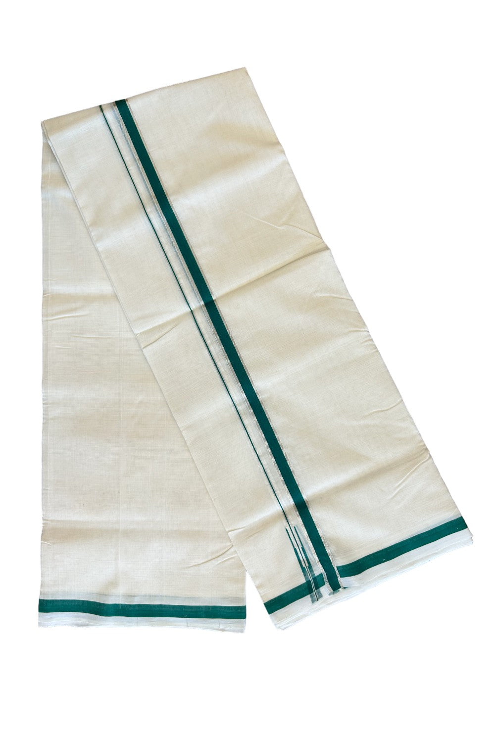 23% Discount!!! KaithariKada HANDLOOM UNAKKUPAAV Balaramapuram - 100% PURE Cotton off white (Unbleached) Double Mundu/Dhoti - 2 cm Silver kasavu & green puliyilakkara chutty - 9KK458SOM