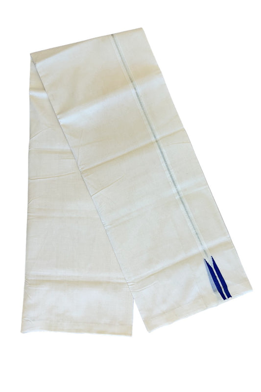30% DISCOUNT!! KaithariKada HANDLOOM UNAKKUPAAV Balaramapuram - 100% PURE Cotton OFF White - (Unbleached) Double Mundu/Dothi - 1.5 cm silver kasavu Blue puliyilakkara chutty  - 9KK476RAM