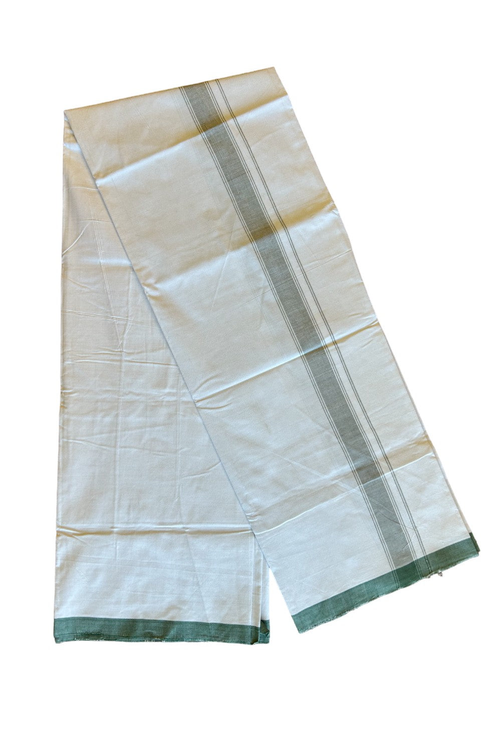 Ultimate HANDLOOM-19% Discount! - Kaitharikada Kalamachal-Government Sealed HALLMARKED-100% PURE COTTON! (80x80) Twisted Thread- Light WHITE SINGLE Mundu / Dhoti -1.85 inch Light Green Striped Kara - 9KK478KAL