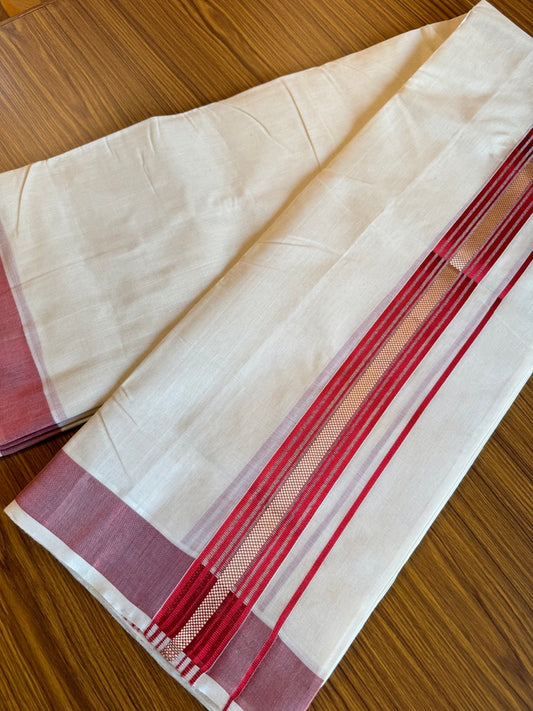25% DISCOUNT!! KaithariKada HANDLOOM Millpaav Balaramapuram - 100% PURE Cotton OFF White - (Unbleached) Double Mundu/Dothi - 3 inch MAROON GOLD kasavu stripes kara - 9KK495RAM