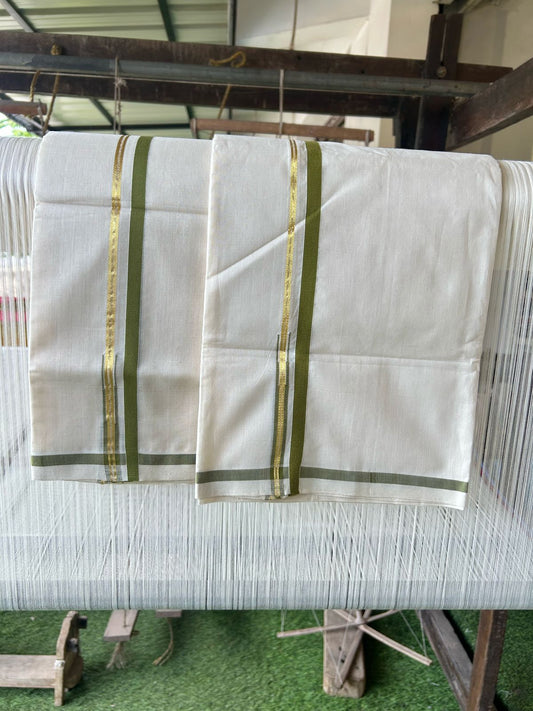 54% Discount!!! KaithariKada HANDLOOM UNAKKUPAAV Balaramapuram - 100% Cotton Puliyilakkara Chutty - & SINGLE Set Mundu for Women - OLIVE GREEN Kasav Border- 9KK497RAV