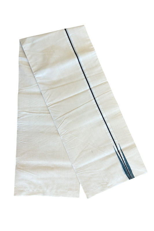 30% DISCOUNT!! KaithariKada HANDLOOM Millpaav Balaramapuram - 100% PURE Cotton OFF White - (Unbleached) Double Mundu/Dothi - 1 inch Puliyilakkara silver kasavu & Dark Green Striped Chutty - 9KK5011RAM