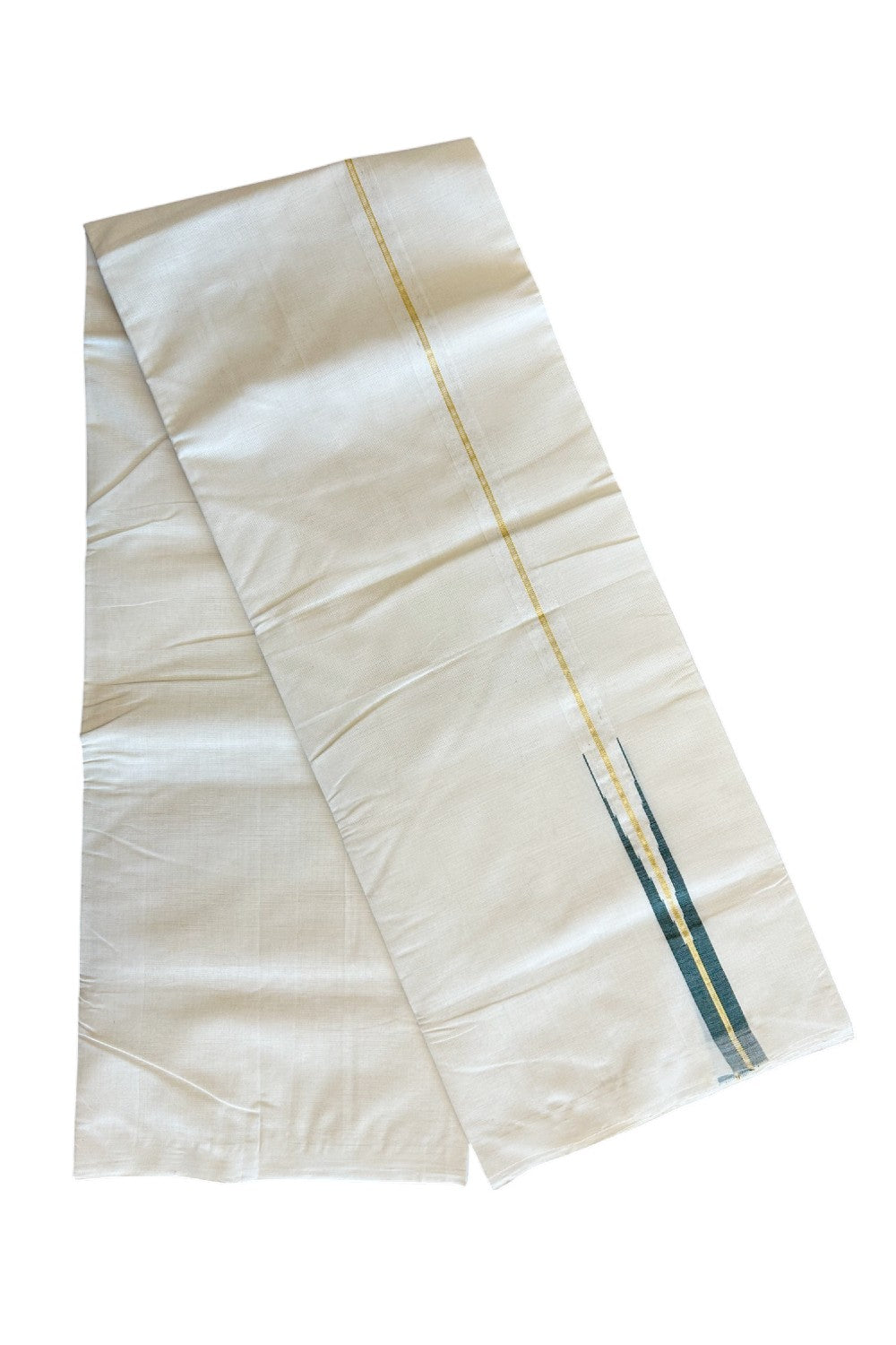 30% DISCOUNT!! KaithariKada HANDLOOM Millpaav Balaramapuram - 100% PURE Cotton OFF White - (Unbleached) Double Mundu/Dothi - 2 cm puliyilakkara Kasavu & Dark green chutty - 9KK5029RAM