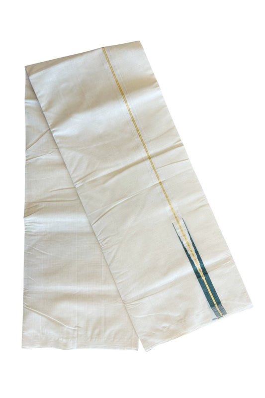 30% DISCOUNT!! KaithariKada HANDLOOM Millpaav Balaramapuram - 100% PURE Cotton OFF White - (Unbleached) Double Mundu/Dothi - 2 cm puliyilakkara Kasavu & Dark green chutty - 9KK5029RAM
