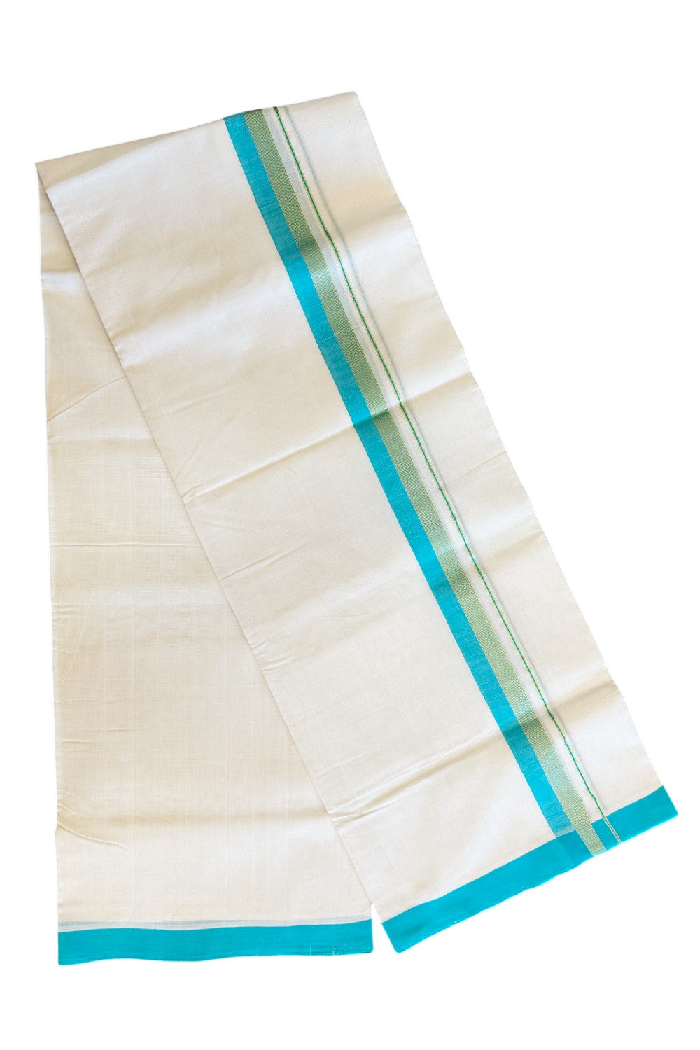 30% Discount KaithariKada HANDLOOM Unakkupaav Balaramapuram - 100% PURE Cotton Off White (Unbleached) Double Mundu/Dhoti -  1.75 inch Kasavu & Turquoise Blue-211